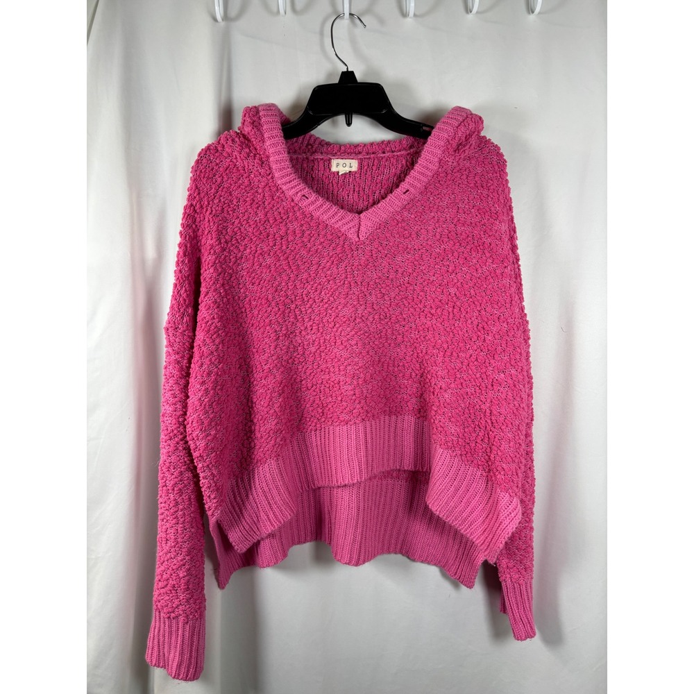 POL Pink Popcorn Knit Hooded Sweater V-Neck High Low Hem POL15 Medium